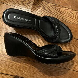 Y2K Leather Etienne Aigner Wedge Sandals with Knotted Peep Toe